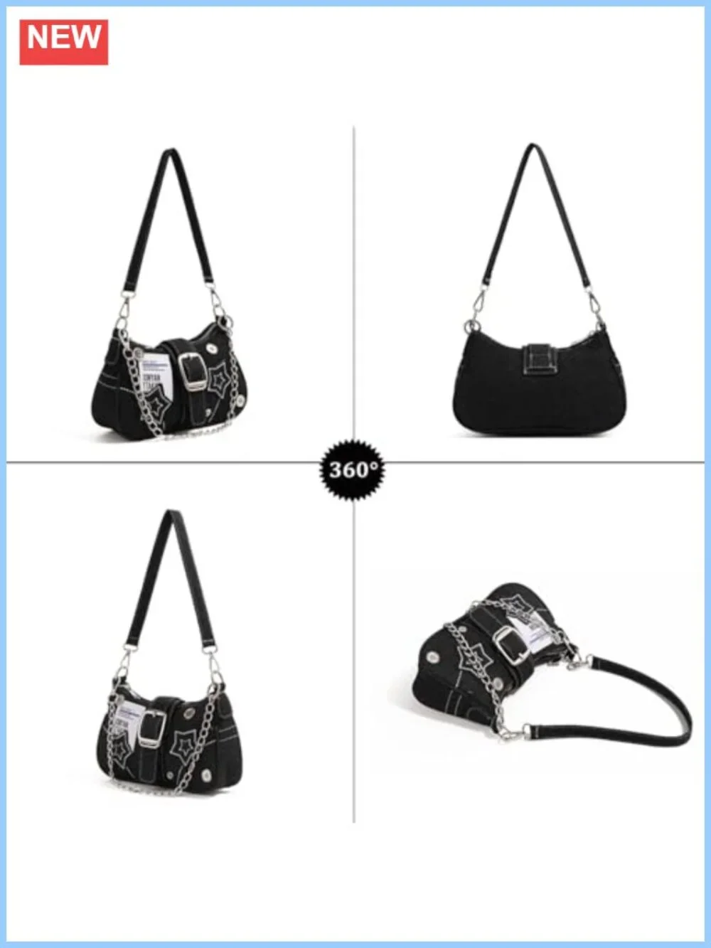 Distressed Denim Hobo Bag Chain Strap Y2K Shoulder Purse for Women